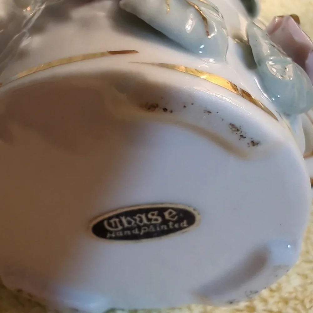 Vintage 1950's 3D Vase Pink Roses Ribbed Watering Can Gold Trim Chase Handpainte